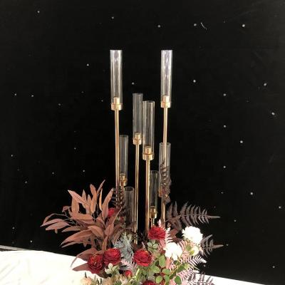 China Weddings Gifts Promotional 8/10 AM Metal Candlestick Wedding Table Centerpieces Decoration Glass Candelabra for sale