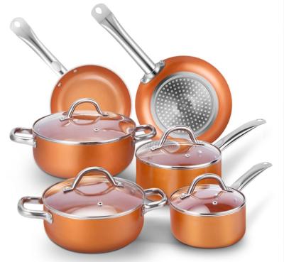 China Stainless Steel 10pcs Handle Stick Copper Cooking Pot Non Gold Stocked Set for sale