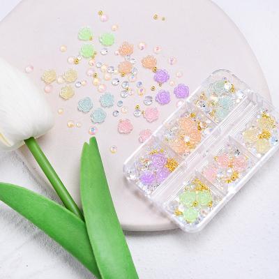 China Convenient Hot Sale Camellia Rhinestones Beads Nail Set 6 Colors Resin Flowers Nails Accessories Art 3d Kawaii Accessories for sale