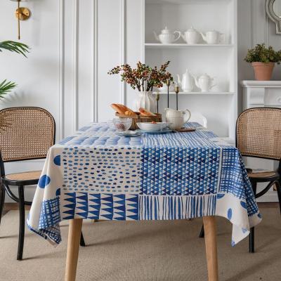 China Fancy Tablecloths Waterproof Blue Geometric Printing Simple Cotton And Linen Table Cloth for sale