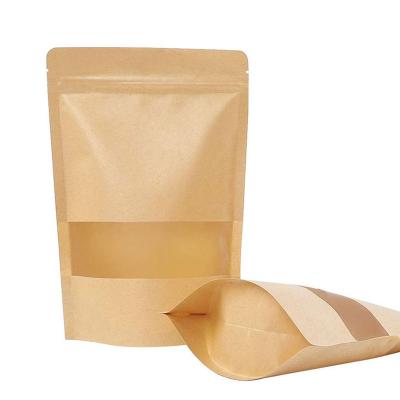 China Biodegradable In Stock Unprinted Backing Up Food Grade Packaging Kraft Paper Zipper Package Pouch With Clear Window for sale