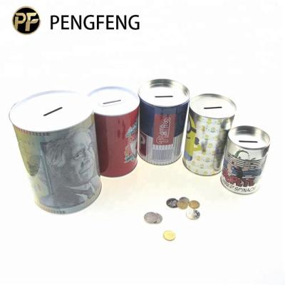 China Collect Money Customized Printing Multiple Sizes Round Tin Cans Piggy Bank Coin Bank for sale