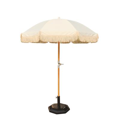 China 1.8M Beige Color Furniture Tilt Wooden Patio Modern Outdoor 2M Parasol Umbrella With Tassels for sale