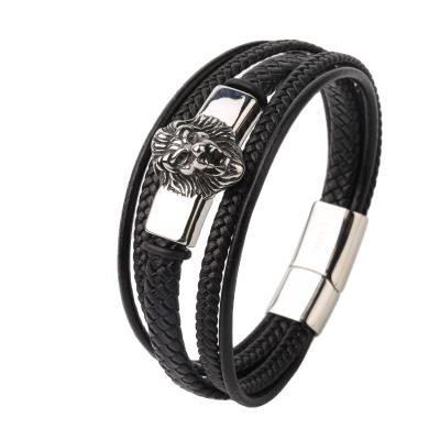 China CLASSIC Trendy Genuine Leather Men's Lion Head Bracelets Stainless Steel Braided Rope Bracelets For Men Women Bangles Jewelry for sale