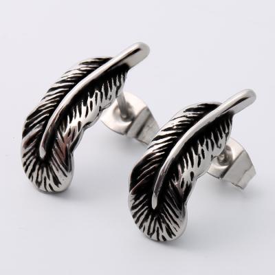 China FASHIONABLE retro men's and women's stainless steel stud earrings trend feather stud earrings for sale