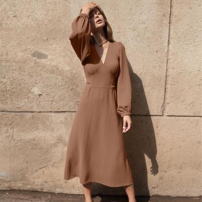 China Anti-Static Deep V Neck Dress Women Sheath Long Lady Ruffle Dress Ladies Midi Dress for sale