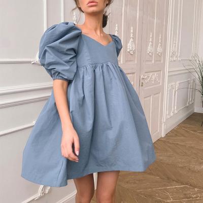 China Anti-static Summer Puff Sleeve V-Neck Solid Color Mini Dress Cute Lady Dress Cotton Dress for sale