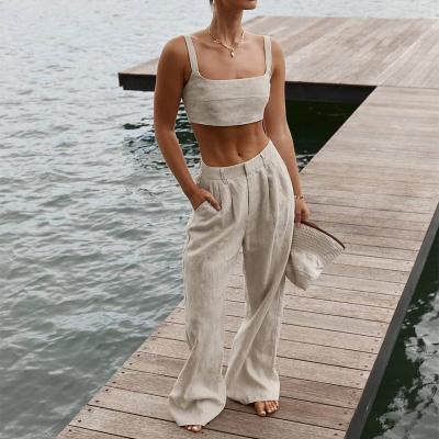 China High Quality QUICK DRY Factory OEM Suspender Crop Tops And Long Straight Loose Pants Women Pants 2 Piece Set for sale