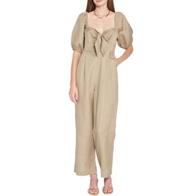 China Overall Oversized Summer Casual Spring Lifting Square Puff Sleeves Neck Ladies Maxi Linen Blend Jumpsuit for sale