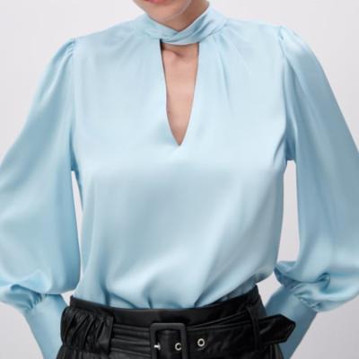 China Custom Made Satin Anti Pilling Tied Blouse With V Neckline High Collar Long Sleeves Buttoned Luxury Ladies Blouse Top for sale