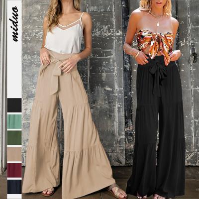 China Fashion QUICK DRY Bandage Spring Waist Solid Color Floor Length Women Elastic Pleated Pants Elastic Pleated Pants for sale