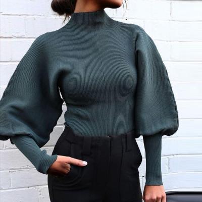 China New Anti-Wrinkle Knit Women's Long Sleeve Lantern Sleeve Sweater Solid Color Crewneck Pullover Tops Women Sweater for sale