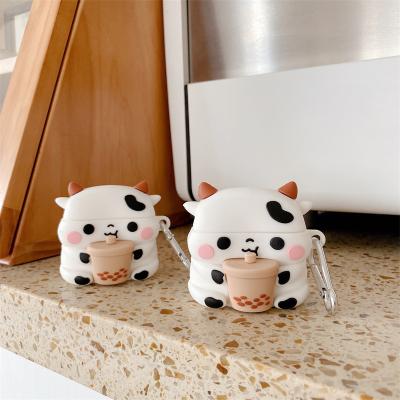 China For Korea Girl 3D Cartoon Shockproof Wireless Earbuds Cute COW and Milk Tea Earphone Case With Sports Earbuds Cover Case for sale