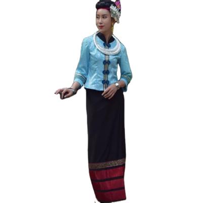 China Lady Ethnic Dai Water Festival Dress Summer Yunnan Dehong Area Clothing Girl Costumes Ethnic Traditional Thin Blue Sprinkler Jacket+Skirt for sale