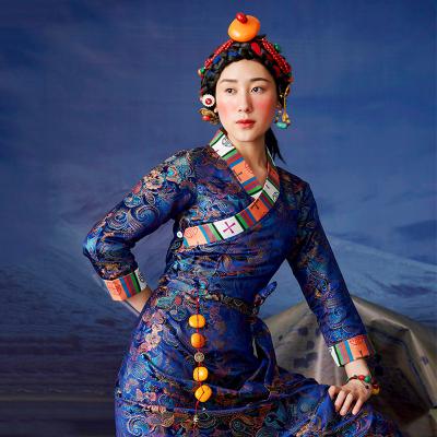 China Living Spring Autumn Tibet Girl Cotton Clothing Lhasa Fashion Gown Ethnic Holiday Blue Red Tibetan Costume Zhuoma Clothing Robe for sale