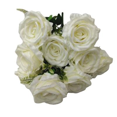 China Popular Silk White Rose Group of 9 High Simulation Plant Heads Artificial Flowers for Wedding Decor for sale