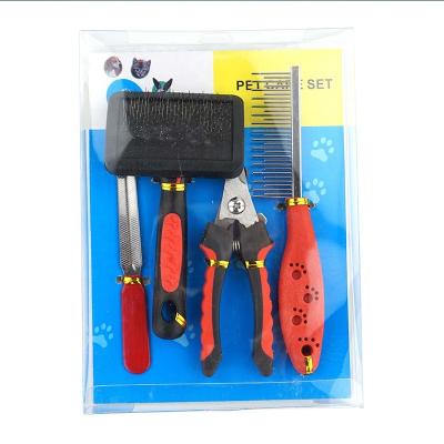 China Viable Four-piece Dog Grooming Brush Dog Hair Comb Set Summer Comb Brush Nail Scissors Cleaning Kit for sale