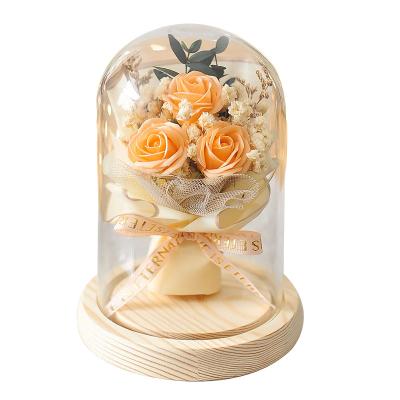 China Preserved Flower With Immortal Rose Glass Cover Bouquet In Glass Dome Gift In Christmas Graduation 21cm*21cm*26cm for sale