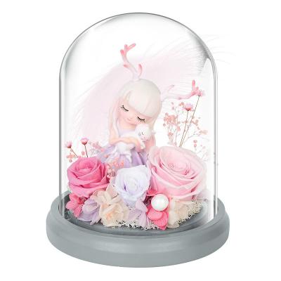 China Immortality Rose Glass Cover Cute and creative decoration preserved roses with warm light for birthday 14*17cm for sale