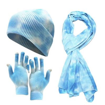 China Fashion\Wholesale European and American Style Comfortable\Durable Dye Tie-Dye Hat Gloves Scarf Set Outdoor Cold-Proof Knitted Custom Knitted Hat Cap Set for sale