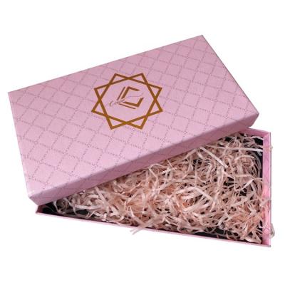 China High Quality Handmade Rose Gold Foil Logo Natural Cut Shredded Paper Telescopic Pre Filled Gift Box With Printed Lid And Base for sale