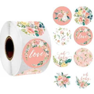 China 500pcs eco-friendly 1inch roll custom love pink floral stickers roll for Christmas gifts sealing,cheap price floral stickers for Christmas for sale