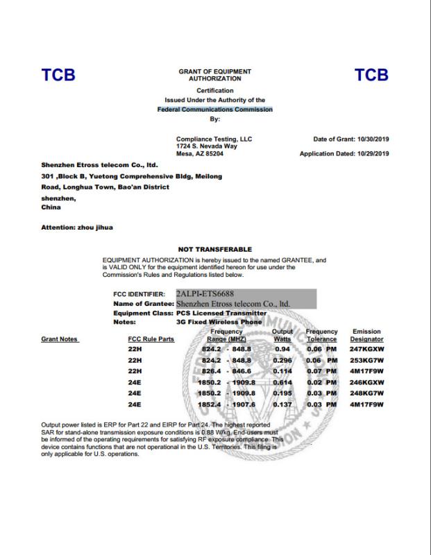 FCC - Shenzhen Etross Telecom Co., Ltd.