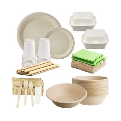 China biodegradable & Eco Compostable Disposable Compostable Biodegradable Bagasse 250 Guest Birthday Paper Plates Party Wedding Dinnerware and Tableware Set for sale