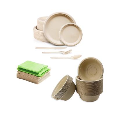 China biodegradable & Round Dishes 100% Disposable Compostable Bagasse Biodegradable Birthday Food Tableware and Dinnerware Set for Wedding Party for sale