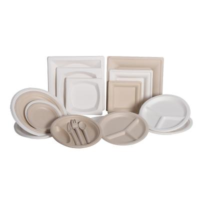 China Environmentally Friendly 100% Disposable Biodegradable Bagasse Food Fruit Bagasse Disposable Tableware Round Tray For Party for sale