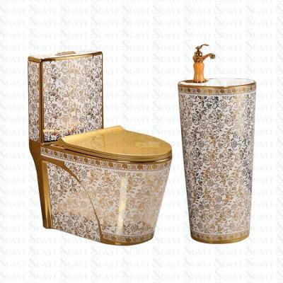 China Double-flow Gold Color WC Bathroom Design Toilet Sets Pedestal Wash Basin Gold Toilet Bidet for sale