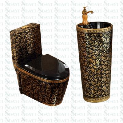 China Double-flow Black and Gold Color Toilet Basin Wc Ceramic Gold Toilet Set Bathroom for sale