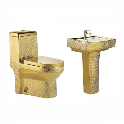 China Double-flow Ceramic Sanitary Ware Toilet Gold Color Bathroom Gold Color Bathroom Gold Toilet Bowl Free Standing Basin for sale