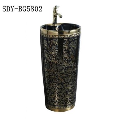 China Modern Bathroom Pedestal Sink Basin Black and Gold Color Ceramic Basin Plated Pedestal Wash Basin for sale