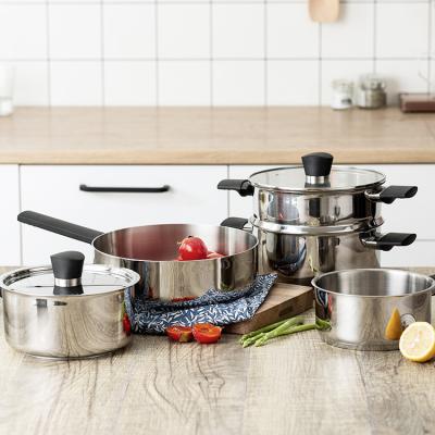 China High End Factory Price Sustainable 304 Stainless Steel Cookingware Cooking 7 Pcs Pots And Pans Cookware Set With Bakelite Handle for sale