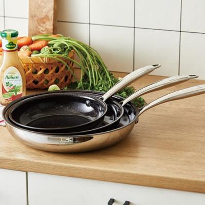 China Sustainable Good Design High Quality Triple Bottom Stainless Steel 3 Piece Frying Pans Set With Ceramic Coating for sale