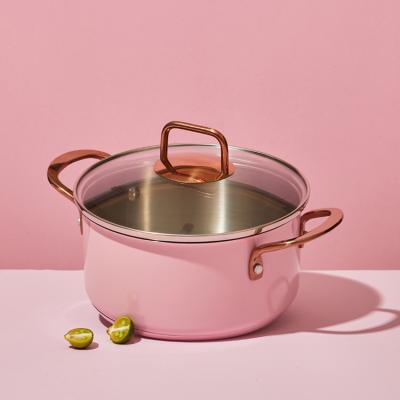 China Sustainable Wholesale Pink 304 Stainless Steel 20cm Sauce Cooking Pot With Tempered Glass Lid for sale