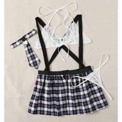 China Sexy Mature Women Sexy Lingerie Bra T Strap Skirt Mini T String Tie 4 Piece Student Uniform Sets for sale