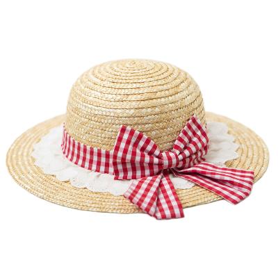 China 2022 New Children Wide Brimmed Wide Brimmed Casual Popular Children's Beach Sun Hat Wholesale White Brim Bow Girl's Red Plaid Hat for sale