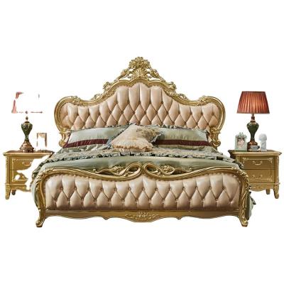 China European royal classic luxury antique style solid wood pure leather bed tufted set for bed room furniture bedrooms for sale