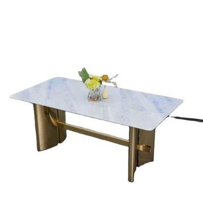 China Durable Italian Luxury 8 Modern Chairs Natural Luxury Stone Marble Rectangular Stainless Steel Dining Table Set Home Furniture for sale