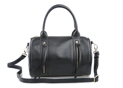 China Girls Black Real Leather Tote Bag with Zipper , detachable long shoulder strap for sale