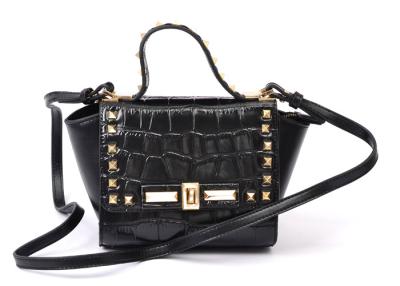 China Black Crocodile Embossed Leather Bag / Calf Leather Handbags with Pyramid Studs for sale