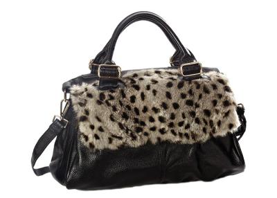 China Grey Rabbit Fur Flap Women Tote Bag , Leopard Print Leather Handbag for sale