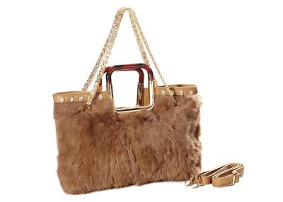 China Brown Khaki Genuine Rabbit Fur Handbags with PU leather for Girls / Ladies for sale