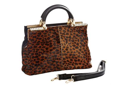 China Brown Fur Handbags Leopard Print Tote Bag with Zipper / Pocket for sale