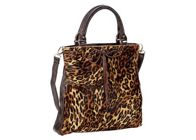 China Horse Hair Fur Handbags Genuine Leather Tote Brown Leopard Print for sale