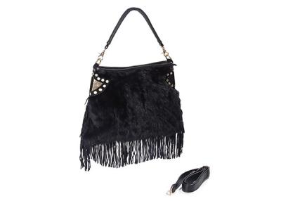 China Luxury Rabbit Fur Handbag / Black Suede Fringe Bag for Women for sale