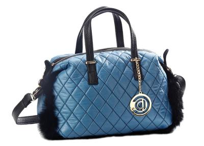 China Blue Genuine Fur Trimmed Quilted Nylon Tote Bag with PU Leather Handles for sale