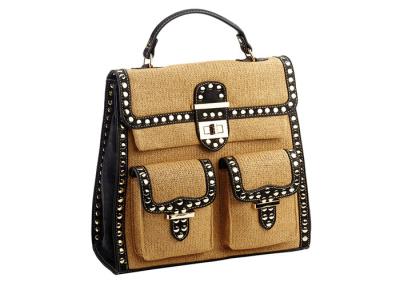 China Customized Beige Studded Leather Backpack with Two Flap Pocket for sale